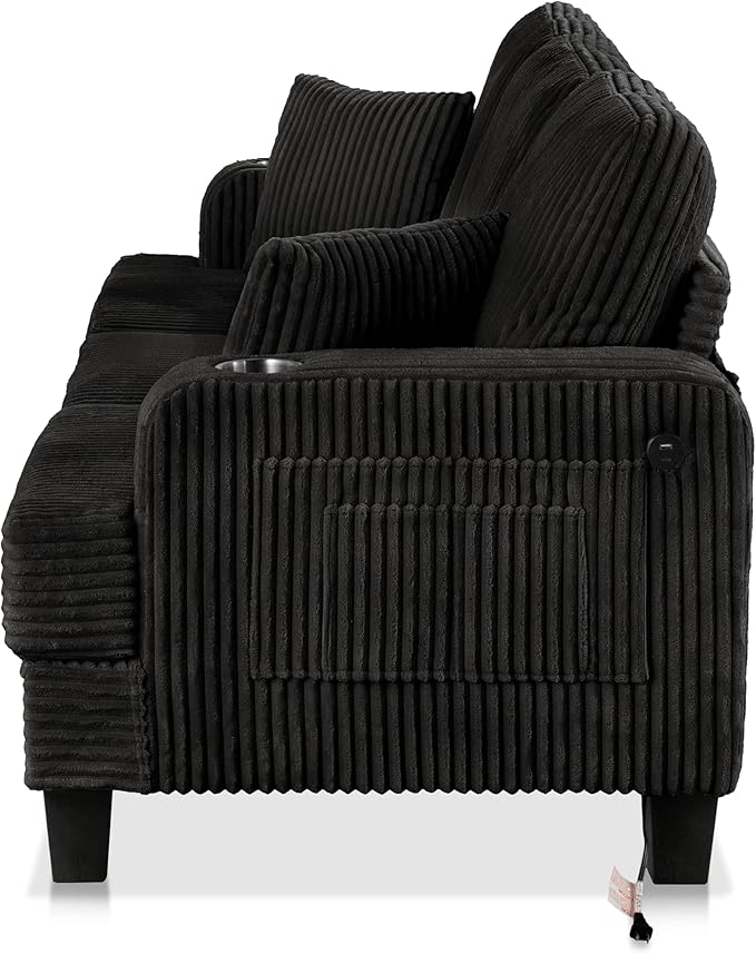 Homes: Inside + Out Reese Modern Plush Chenille Couch with Side Pockets, Cup Holders and USB Ports, Wooden Comfortable Sofa for Living Room, Bedroom and Office, Black
