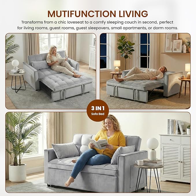 63" Sleeper Sofa with Pull-Out Bed, 3-in-1Folding Convertible Loveseat Sofa Bed with Side Pockets, Adjustable Backrest, Premium Velvet Fabric Futon Couches for Living Room