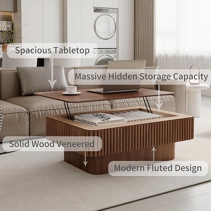 Coffee Table with Lifting Top for Living Room,Mid Century Modern Wood Fluted Lift Top Coffee Tables with Storage,38.6'' Farmhouse Rectangular Lift Pull Up Tabletop for Apartment Office, Office,Walnut