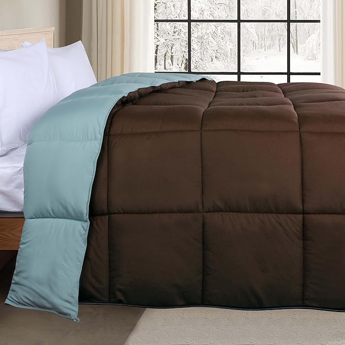 Superior Brushed Microfiber Comforter, Down Alternative Bedding, Medium Weight, Soft Bed Cover, Plush Duvet Insert, Oversized Blanket, Box Quilt, Reversible Comforter, Full/Queen, Choco-Sky Blue