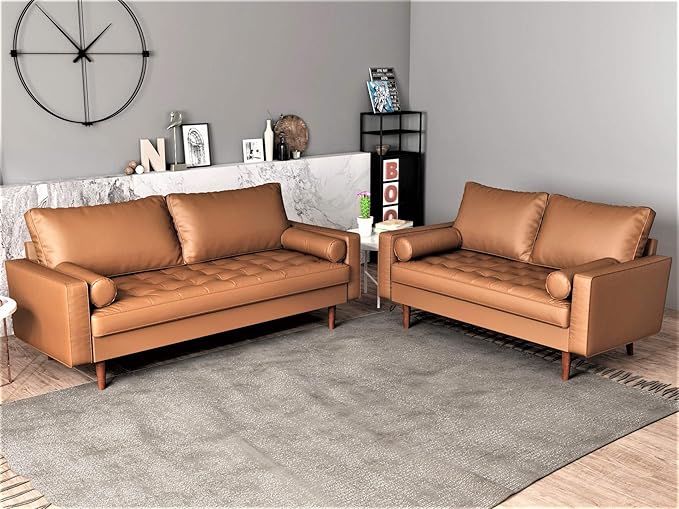Womble Mid Century Modern Couch with Bolster Pillows, PU Leather Upholstered Tufted Seat, Versatile Retro Design for Comfortable Living Spaces, Loveseat, Coffee Brown