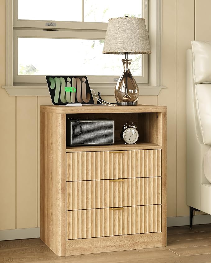 FUSOU Fluted Night Stand, Nightstands with Charging Station and LED Lights, Modern Bedside Table with 3 Drawers and Open Shelf, End Table with Storage, Nightstand for Bedroom, Living Room, Natural Oak - Image 9