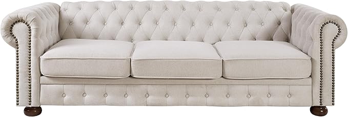 ERYE 88-Inch Classic 3 Seat Chesterfield Sofa Couches for Living Room Bedroom, 3 Seaters Button Tufted Linen Fabric Upholstered Chesterfield Sofa Couch,Wood Legs | Button Tufted, Easy to Assemble, Nailhead, Removable Cushion