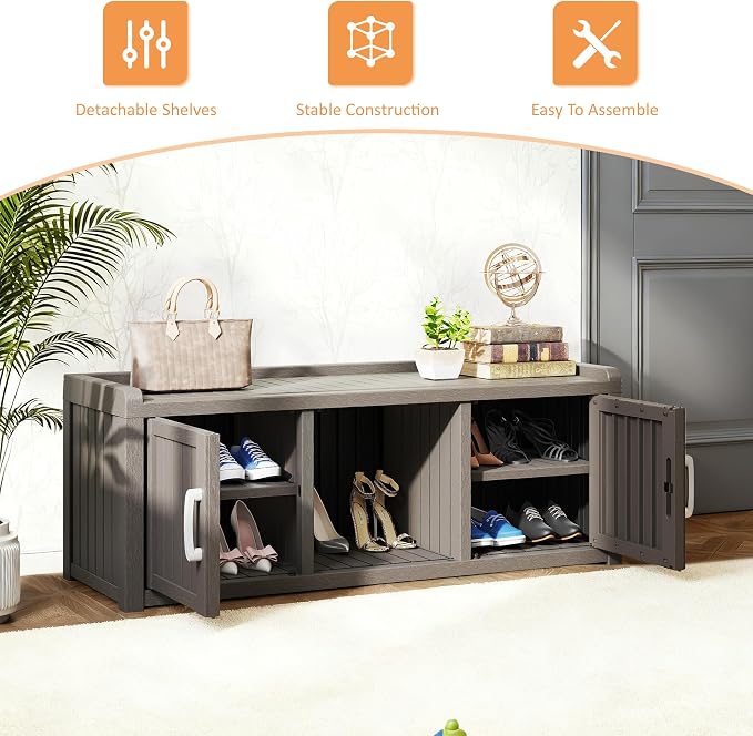 2-Tier Storage Bench, Waterproof UV-Resistant Outdoor Shoe Storage Cabinet with 2 Doors & Adjustable Shelves for Indoor Outdoor Entryway, Hallway, Living Room(Classic Grey) - Image 3