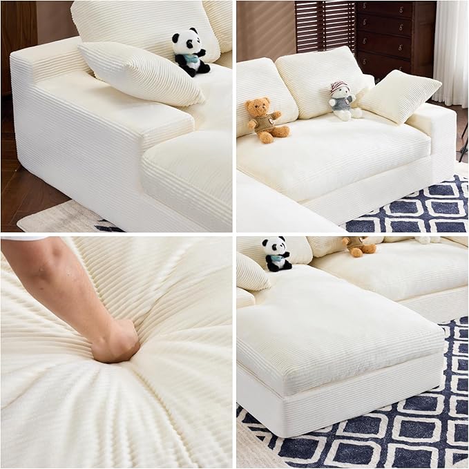 L Shaped 4 Seater Sofa, Modern Modular Sofa with 3 Back Cushions & 2 Coordinating Pillows, 98'' Corduroy Leisure Combination Couch with Wide Seat & High-Resilience Foam for Living Room, White