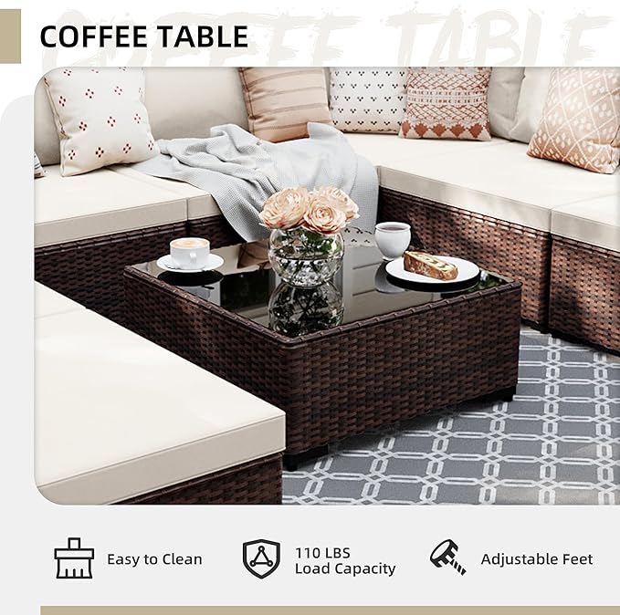 UPHA 9 Pieces Patio Furniture Sets, Wicker Outdoor Sectional Sofa Couch with Coffee Table, Patio Conversation Set for Deck Backyard Garden, Brown Rattan, White Cushion