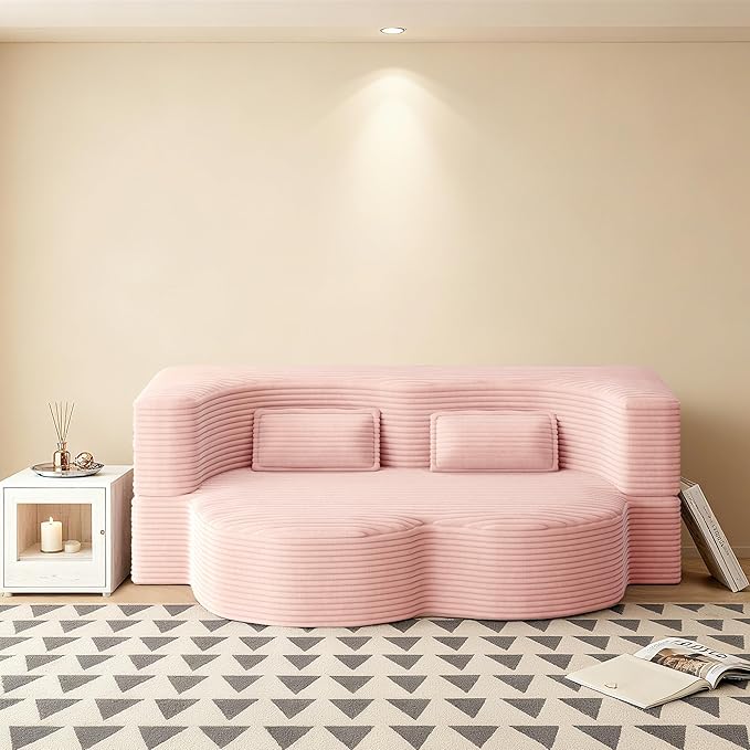 78" Convertible Sofa Bed, 2-in-1 Folding Floor Couch with 2 Pillows, Sleeper Sofa for Living Room and Bedroom, No Assembly Required (Pink, Corduroy Fabric)