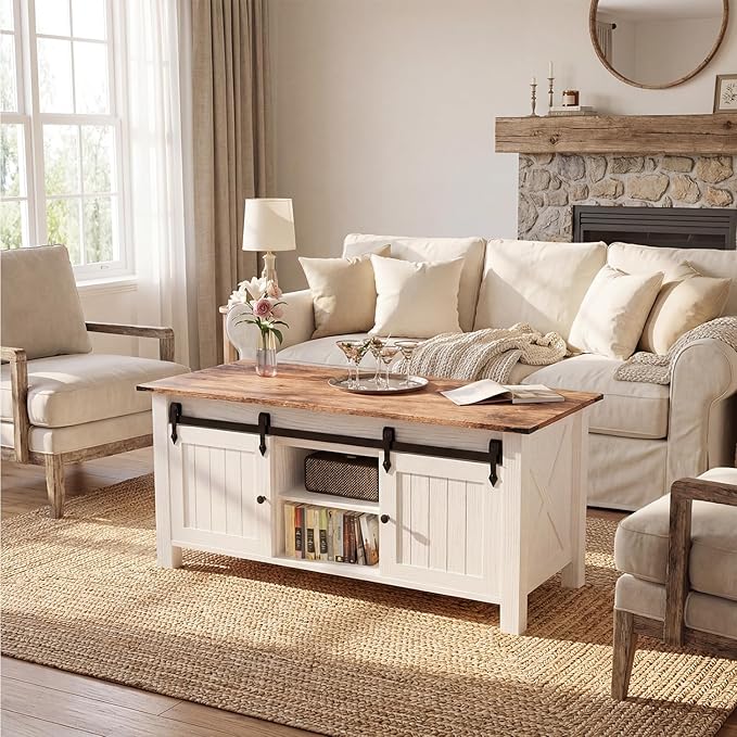 Lift Top Coffee Table with Storage, 47" Farmhouse Coffee Tables with Sliding Barn Door and Lift Tabletop Wooden Rustic Rectangle Center Table for Living Room, White
