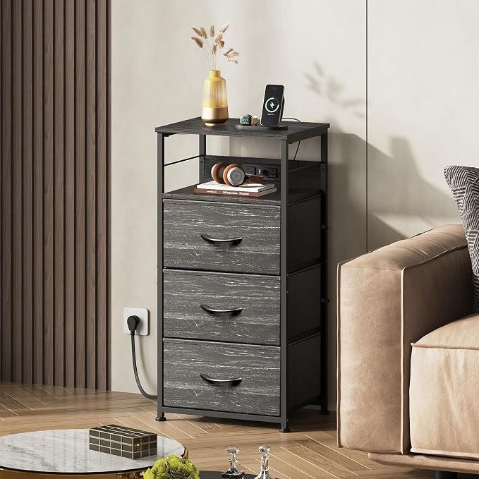 WLIVE Nightstand with Charging Station, 31.9" H Nightstand with 3 Fabric Drawers, LED Bedside Table with USB Ports and Outlets, End Table for Dorm, Bedroom, Entryway, Charcoal Black Wood Grain Print - Image 7