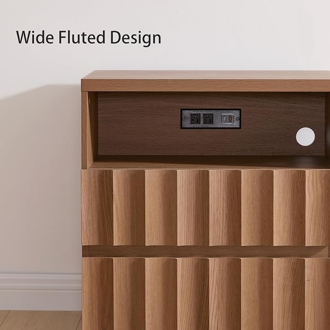 VividVibe Amber Oak Wide Fluted Nightstand with Charging Station, Side Table with Discreet Rear Cord Cutouts, Large Drawers Modern Organic Wooden Bedside Table End Table for Bedroom Home Office - Image 9