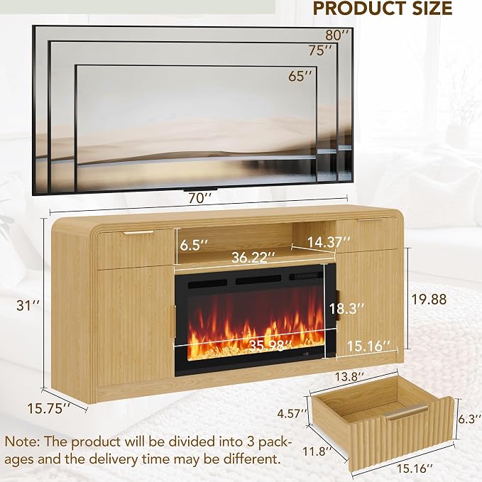 Decofy 70" Fluted Fireplace TV Stand for 80" TV, TV Console Cabinet with Wavy Grain Doors & Adjustable Shelves, Remote & Touch Control Adjustable LED Light, Flame Colors&Temperature for Living Room - Image 7