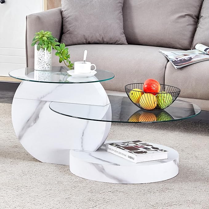 35.4" Glass Coffee Table, Round Coffee Table, 2-Tier Tempered Glass Tabletop with White Faux Marble Base, Modern Center Table for Living Room, Home, Apartment, Ideal for Small Space