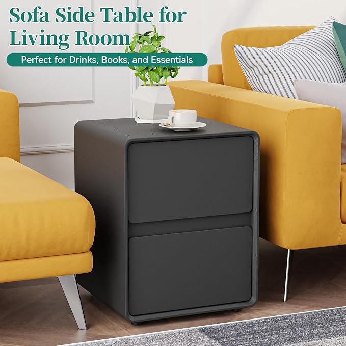 15.8" W Faux Leather Narrow Nightstand, Modern Fully-Assembled Bedside Table with 2 Drawers, Wood Night Stand Small Accent End Table & Side Table for Bedroom, Black - Image 8