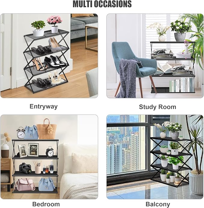 Shoe Rack for Entryway 4 Tier Foldable Shoe Rack Without Assembly Collapsible Metal Shoe Organizer Folding Shoe Storage Rack for Door, Living Room, Black - Image 6