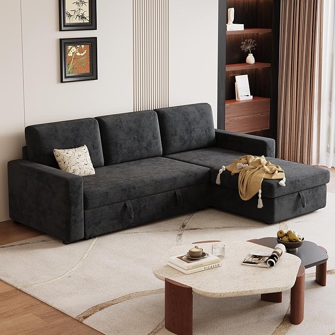 81.5" Convertible L Shaped Sleeper Sofa, 3-Seat Pull Out Sectional Couch with Storage Chaise & Removable Cushions, Chenille Fabric for Small Living Room Apartment, Dark Gray