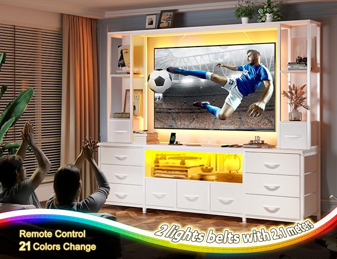 EnHomee 78.6" TV Stand for Living Room, Large Entertainment Center with 11 Fabric Drawers, 2 LED Lights & Power Outlets, Modern Dresser with Storage Shelves, Wall Unit for Bedroom, White - Image 8