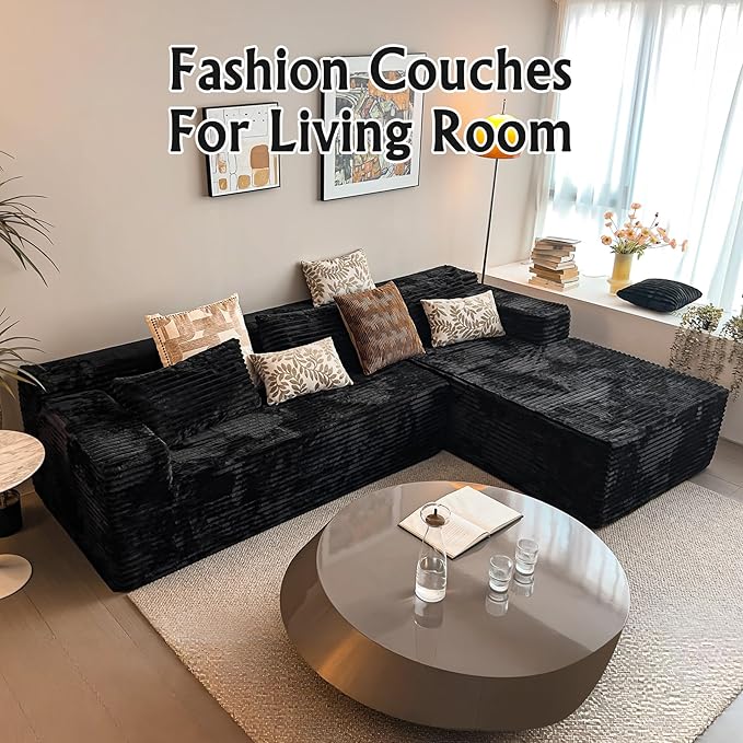 Black sectional couches for Living Room Corduroy Couch,104" Cloud Sectional Couch with L-Shape Chaise, Modern Modular Sofa, Deep Seat Comfort, No Assembly Required(Plush Corduroy Fabric)