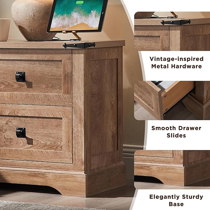 T4TREAM 24" Farmhouse Nightstand with Charging Station, Large End Table with 2 Storage Drawers, Rustic Wood Sofa Bedside Table for Bedroom, Light Knotty Oak - Image 6