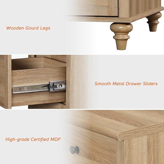 WAMPAT 3 Piece Bedroom Set - Includes 8 Drawer Dresser, Set of 2 Night Stands with Charging Station & Storage Cabinet, 3 Piece Dresser and Nightstand Sets, Oak