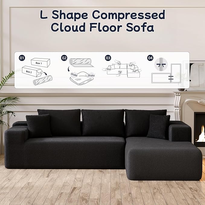 104” Sectional Cloud Couch, L-Shape Compressed Sofa with Left Chaise Lounge, Modern Modular Cloud Couches with 2 Pillows & Deep Seat, Rain Drop Velvet Floor Sofa for Living Room, Black