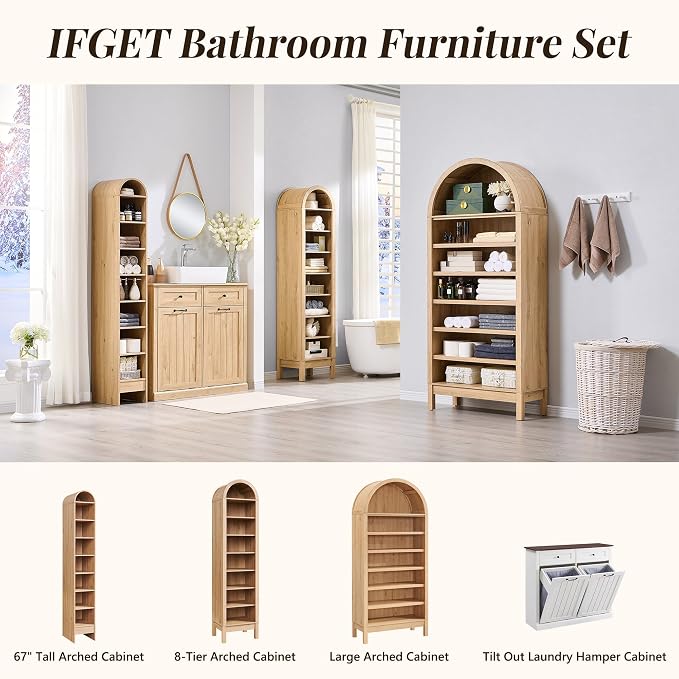 IFGET 71" Tall Arched Shoe Storage Cabinet, 7 Tiers 28 Pairs Wooden Shoe Rack with 3 Adjustable Shelves, Freestanding Shoe Closet Shelf Organizer for Entryway, Hallway, Living Room (Natural) - Image 6