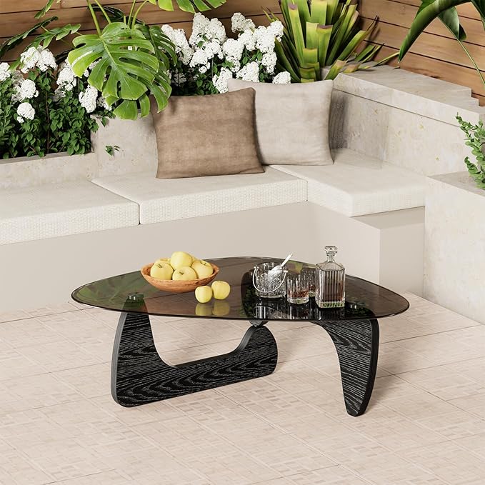Solid Wood Morden Coffee Table, 42.5" x 28.5" x 16.1" Triangle Center Table for Living Room w/Tempered Glass Top, Vintage Minimalist Tea Table for Small Space, Office (Black)