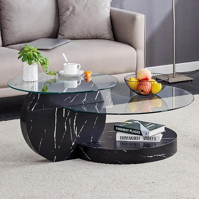 42" Glass Coffee Table, Round Coffee Table, 2-Tier Tempered Glass Tabletop with Black Faux Marble Base, Modern Center Table for Living Room, Home, Apartment, Ideal for Small Space