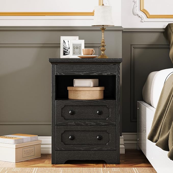 LIKIMIO Night Stand, Modern Bedside Table with 2 Drawers, Open Shelf, End Table with Pull-Out Tray, Wood SideTable, Black - Image 9