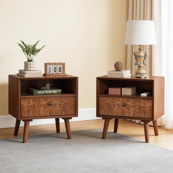 22" Mid-Century Modern Wood Nightstand with Carved Geometric Drawer Front, 1 Drawer and Open Shelf, Solid Wood Legs, Bedside Table for Bedroom (1, 1 Pc Warm Walnut) - Image 7