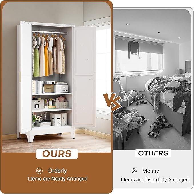 Metal Armoire Wardrobe Closet with Doors and Shelves, 71" Tall Metal Wardrobe Closet with Hanger Rod and Clothing Shelf, White Farmhouse Bedroom Armoire Steel Storage Cabinet for Bedroom