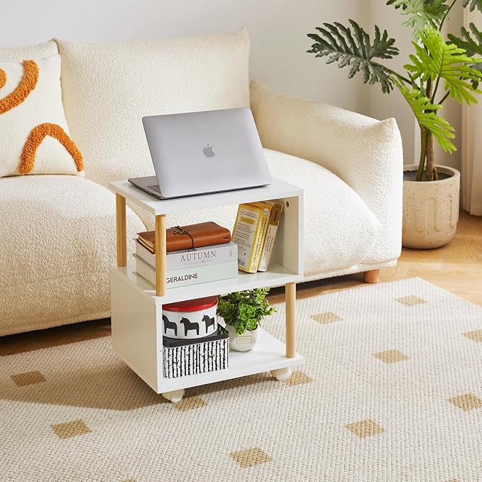 Aibiju Wooden Night Stand with Open Shelf, Nightstand with Wheels, S-Shaped Bed Side Table 3 Tier, 20 inch High End Table White YD-TM155W - Image 6