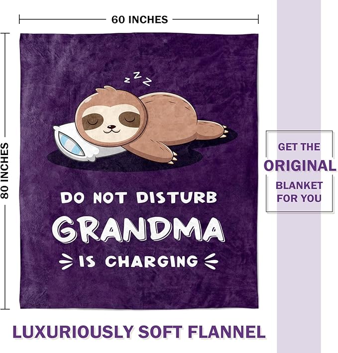 Funny Gifts for Grandma, Grandma is Charging Sloth Blanket, Birthday Gifts for Grandmas from Grandkids,Grandmas Gitts for Mothers Day Christmas, Soft Sloth Blanket for Grandmother, Purple, 60" x 80"