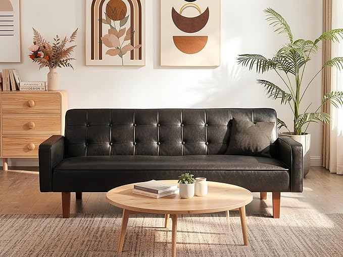 Modern PU Leather 3-Seat Couch, Adjustable Backrest Convertable Sofa, Sleek Minimalist Fold Out Couch Loveseat with Armrests, Sofa for Living Room Home Office Spaces, Black