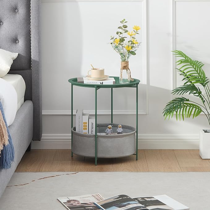 VECELO Round Side/End Table with Fabric Storage Basket,Metal Anti-Rust and Waterproof Small Bedside Nightstand with Removable Tray Top for Living Room,Balcony & Laundry,Dark Green /2pcs with Basket - Image 7
