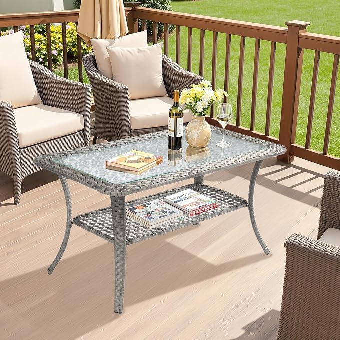 VINGLI Outdoor Coffee Table with Storage Wicker Patio Coffee Table, Tempered Glass Top Coffee Table for Patio Outside Balcony Porch Deck (Grey) - Image 7
