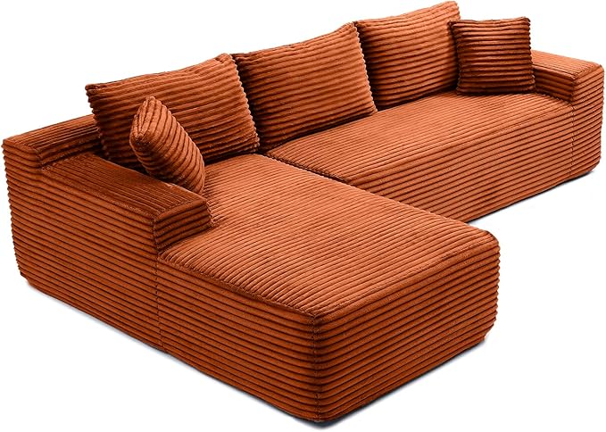 105-Inch L-Shaped Left Facing Corner Compressed Sofa Modular Sectional Boneless Cloud Sofa Floor Foam Couch with Chaise Lounge, Corduroy Corner Boneless Cloud Couch
