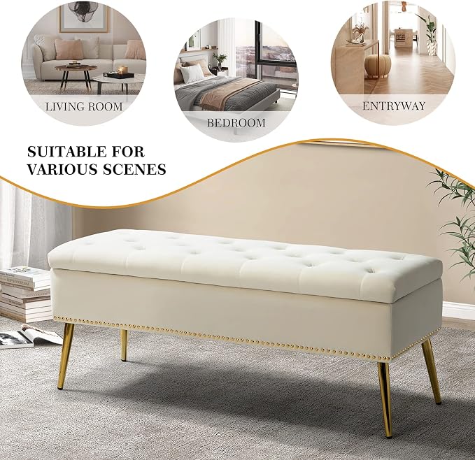 HULALA HOME Modern Velvet Storage Ottoman Bench with Gold Base & Nailhead Trim, Upholstered Bedroom Bench for End of Bed, Button-Tufted Footstool for Entryway Living Room Dining Room, Ivory - Image 6