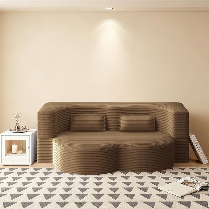 78" Convertible Sofa Bed, 2-in-1 Folding Floor Couch with 2 Pillows, Sleeper Sofa for Living Room and Bedroom, No Assembly Required (Camel, Corduroy Fabric)