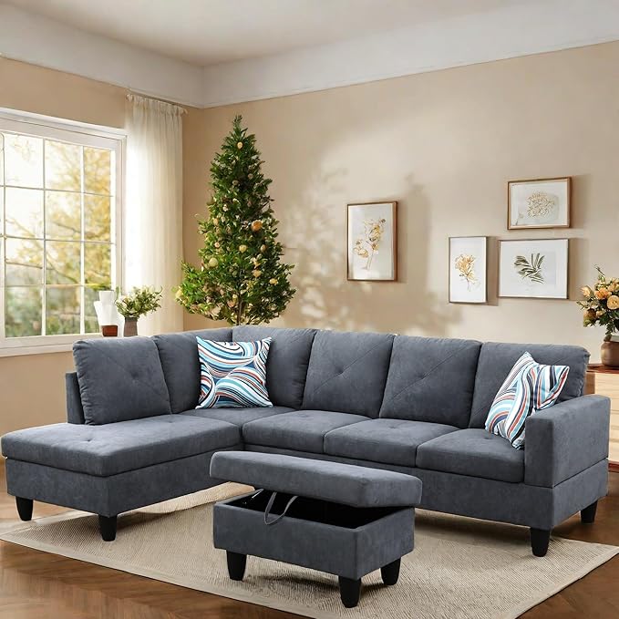 FONTOI L Shaped Sectional Couch with Otttoman, 97" Sectional Sofa for Living Room Flannel Modular Couches with Cup Holders for Bedroom, Apartments, Dark Grey