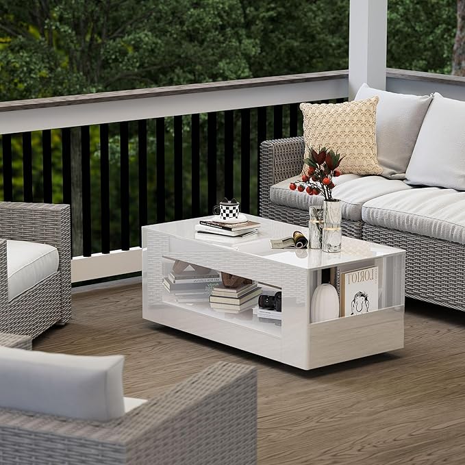 Glossy Coffee Table with Open Shelf Storage - High Gloss Modern Cocktail Table for Living Room, Bedroom, Office