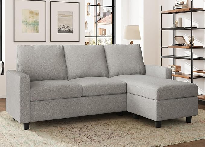 HONBAY Convertible Sectional Sofa, L Shaped Couch with Linen Fabric, Reversible Couch for Small Space, Mid Light Grey