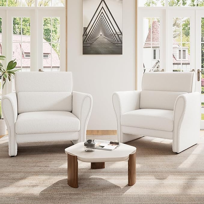 GarveeHome Boucle Sofa Upholstered Armchair for Living Room, Mid-Century Comfy Single Sofa for Bedroom, Office, White