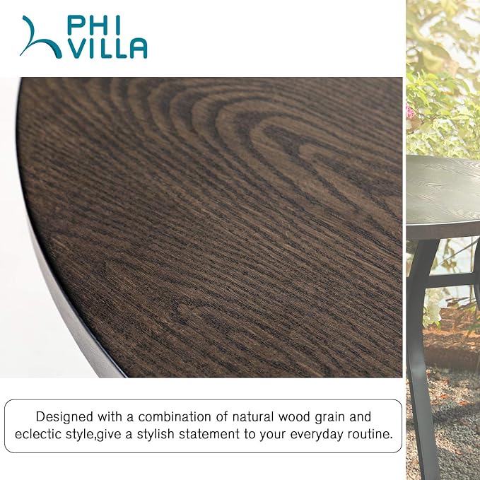 PHI VILLA 44 Inch Large Metal Round Table for 4, Wood-Like Top Patio Table with Umbrella Hole, Large Modern Furniture for Deck, Porch, Yard - Black - Image 9