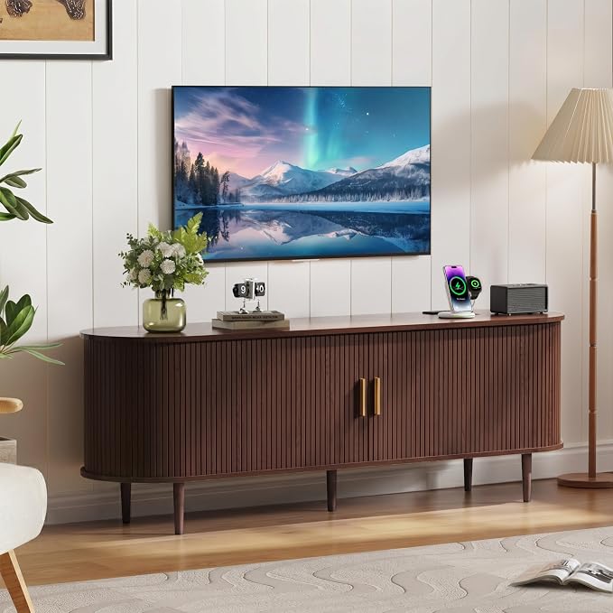 DHH 63 Inch Mid Century Modern TV Stand with Power Outlet for TVs up to 70 Inch, Entertainment Center with Storage and Adjustable Shelves, Media Console with Sliding Doors for Living Room(Walnut) - Image 7