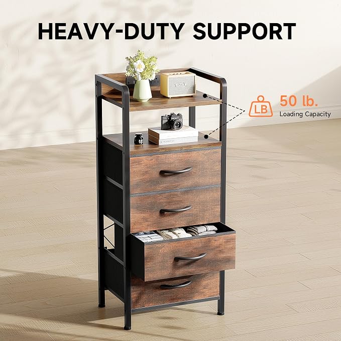 Lazzanto Night Stand Bedside Table Bedroom - Tall Nightstand with Charging Station & LED Light Strip, Bed Side Table with Storage Shelf & 4 Drawers, End Table with U-S-B Ports & AC Outlets, Brown - Image 7