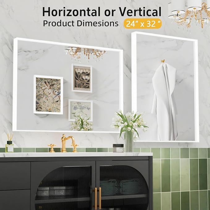 24x32 Inch White Bathroom Mirror, Wall Mounted Bathroom Vanity Mirrors, Rectangle Aluminum Black Framed Mirror, Tempered Glass, Anti-Rust, Mirrors for Over Sink - Image 7