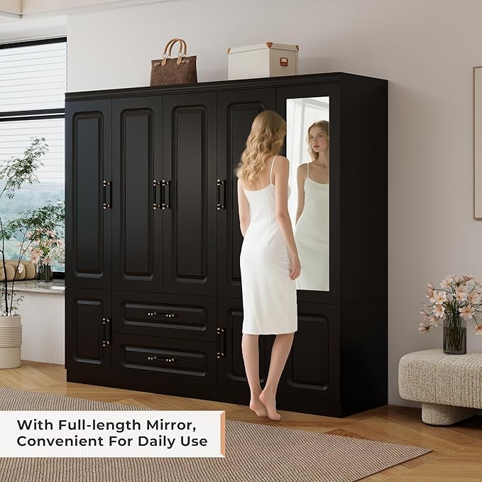 GraceGrove Armoire Wardrobe Closet with Mirror and 2 Drawers, Bedroom Cabinet with 5 Doors and Hanging Rods, Wood Wardrobe Closet with Large Storage, Armoires and Wardrobes for Bedroom Black