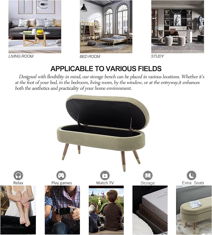 IAFIKE Oval Storage Bench 43.5" Ottoman Bench Upholstered Boucle Fabric Footrest Bench with Golden Metal Legs End of Bed for Bedroom, Living Room, Entryway,Bed Side (Green) - Image 7