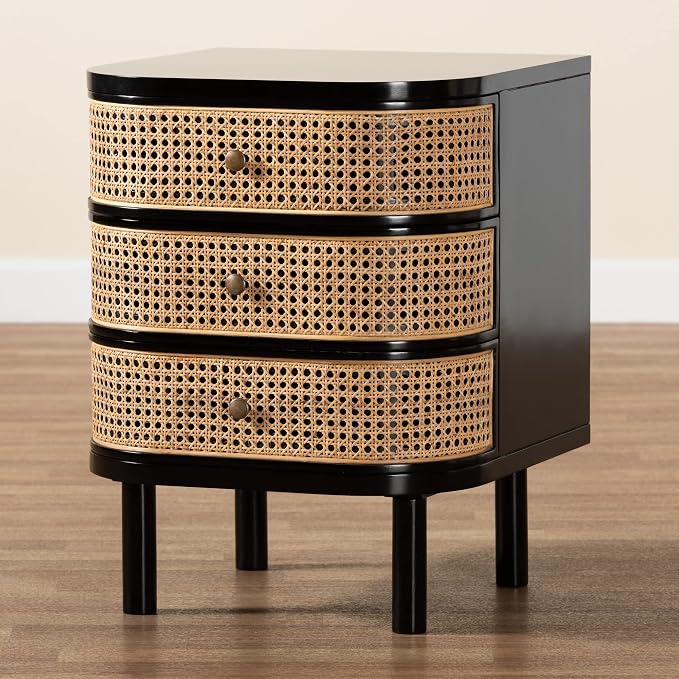 bali & pari Nabila Modern Bohemian Black Bayur Wood and Natural Rattan 3-Drawer End Table Nightstand - Image 10