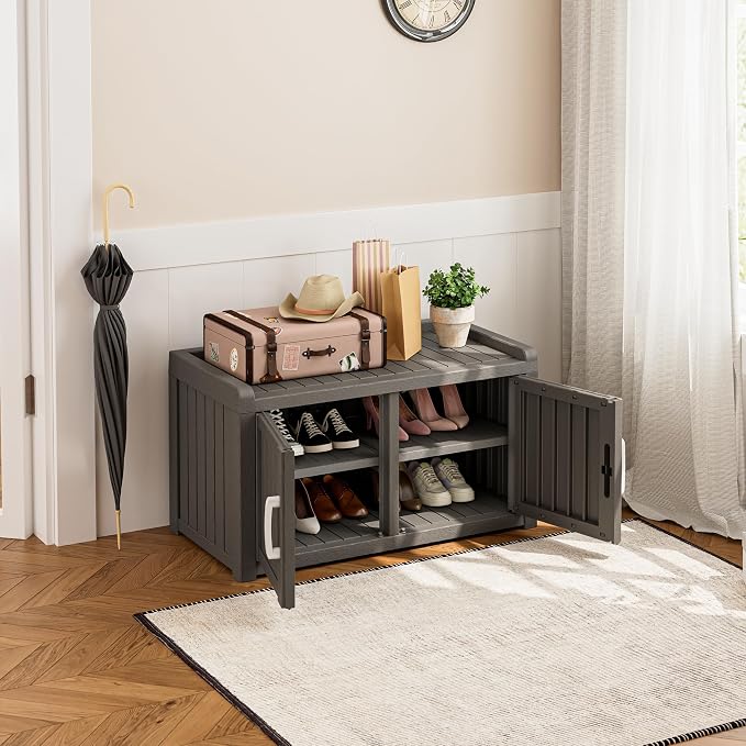 2-Tier Storage Bench, Waterproof UV-Resistant Outdoor Shoe Storage Cabinet with 2 Doors & Adjustable Shelves for Indoor Outdoor Entryway, Hallway, Living Room (Classic Grey) - Image 5